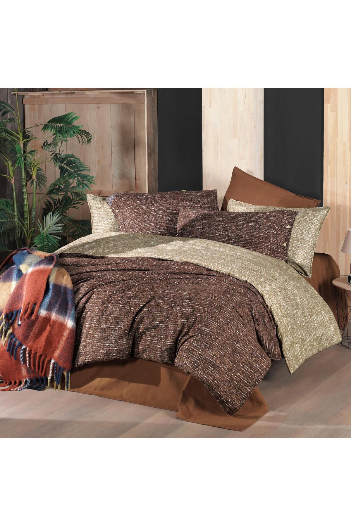 Glamis King Size (Battal Boy) %100 Pamuk Flanel (Pazen) Nevresim Takımı Taba