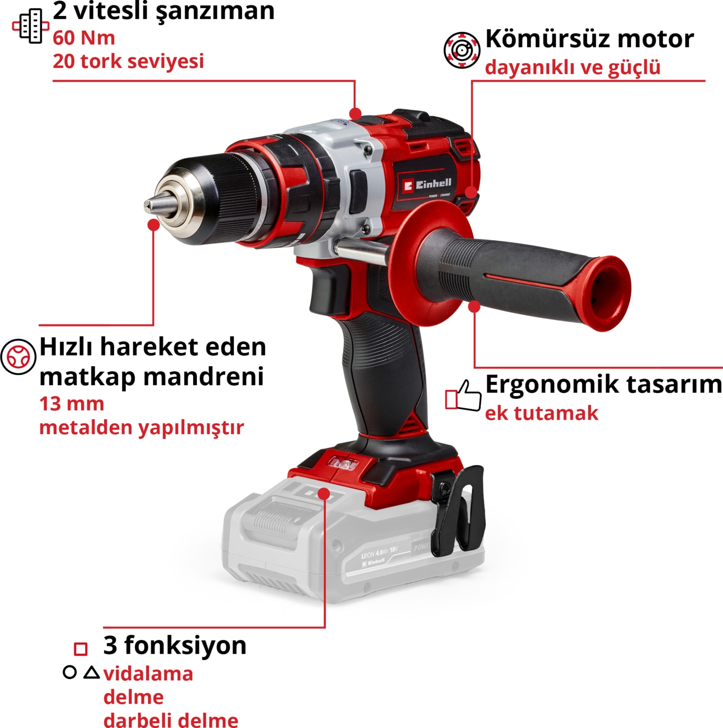 EİNHELL Profesyonel Akülü Darbeli Vidalama TE-CD 18 Li-i BL Solo Power X-Change (18 V, Darbe Fonksiyonu, Kömürsüz, 60 Nm, 2 Vites, 13 mm Metal Mandren, LED Işık, akü dahil değildir) - 4513860