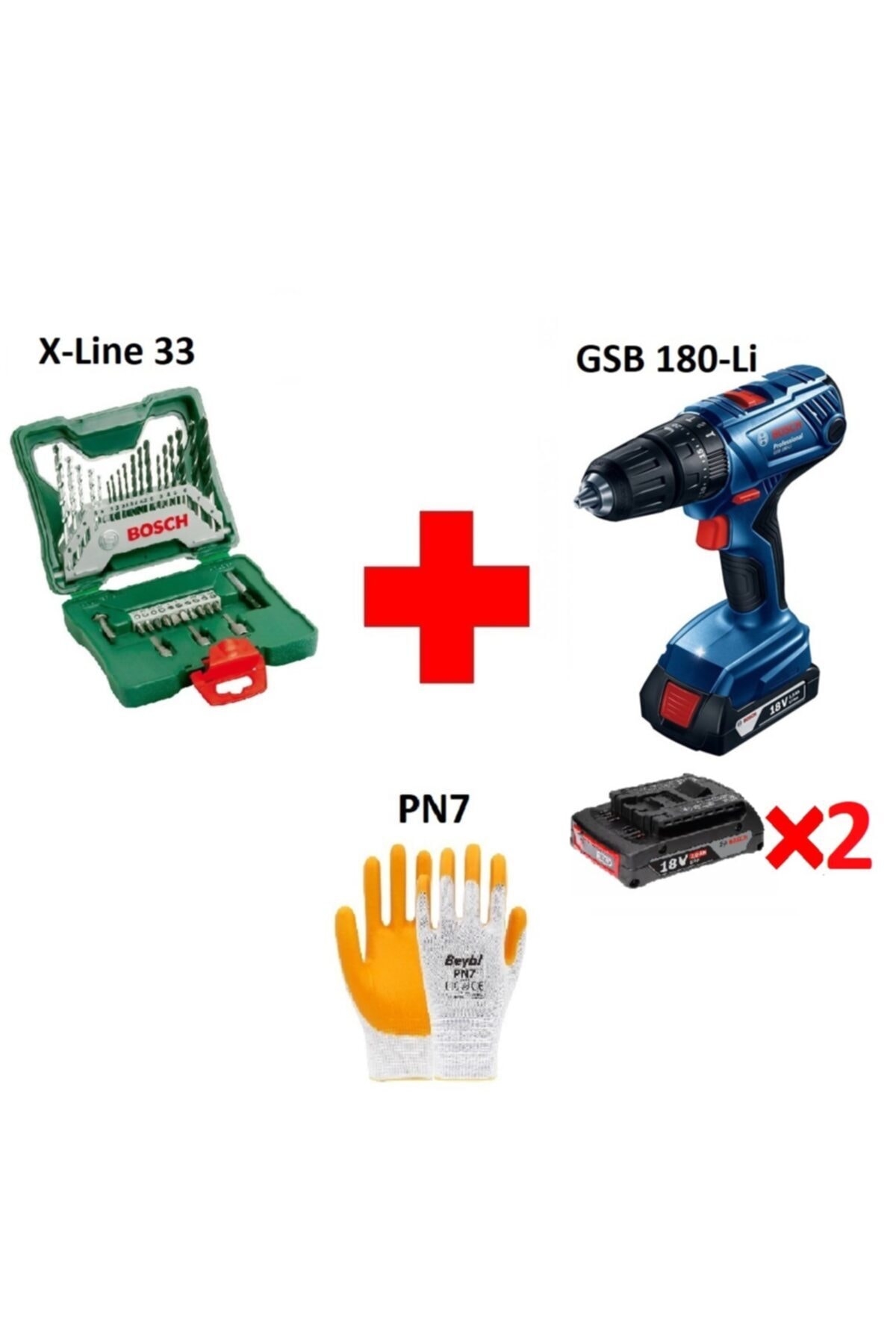 BOSCH Gsb 180-li + X-line 33 Parça Aksesuar + Beybi Pn7 1 Çift.