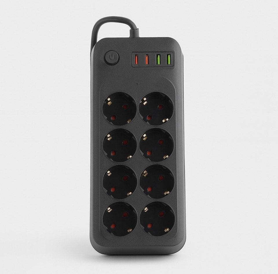 8 Prizli 2 USB 2 Type-C Girişli Akım Korumalı Topraklı Şarj Fiş Priz 2 Metre Uzatma Kablosu