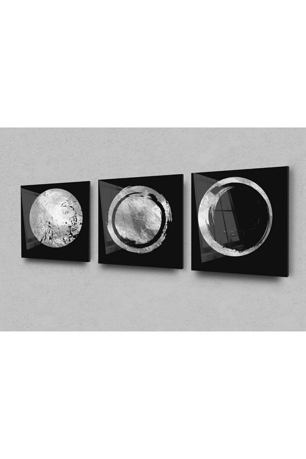 3lü Gümüş Gri Dairesel Soyut Cam Tablo, Modern Tablo, Duvar Dekor, Büyük Tablo, Cam Duvar Tablo