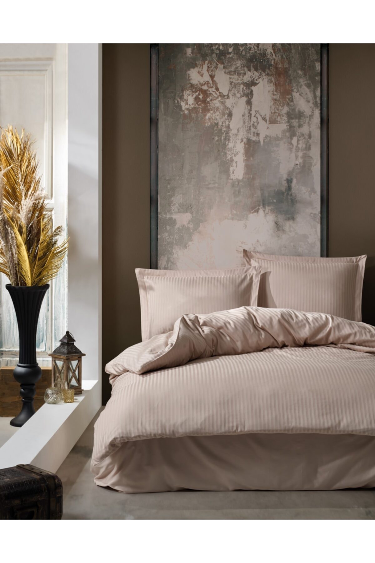 Elegant Saten Nevresim Takımı Çift Kişilik Stripe Bej