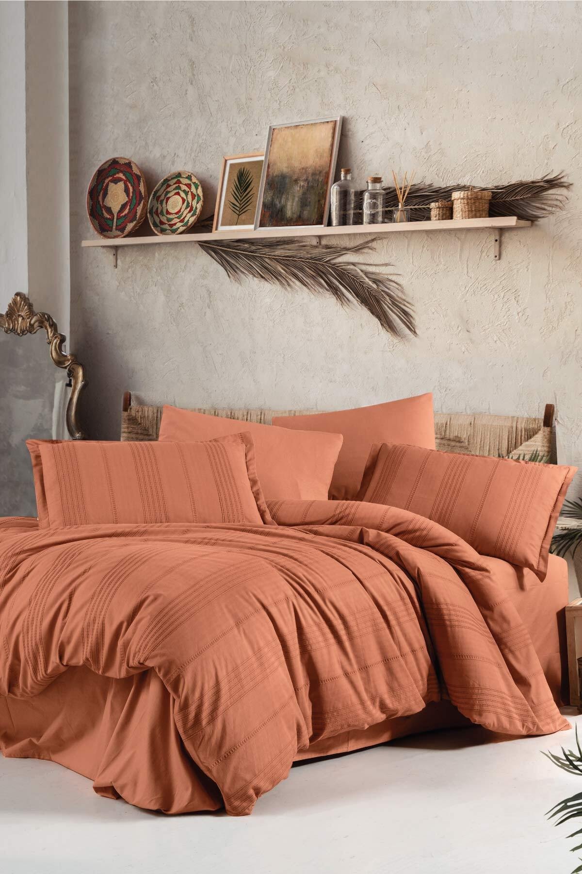 Ranforce %100 Pamuk Butik Nevresim Takımı Çift Kişilik Arakis V2 Kiremit