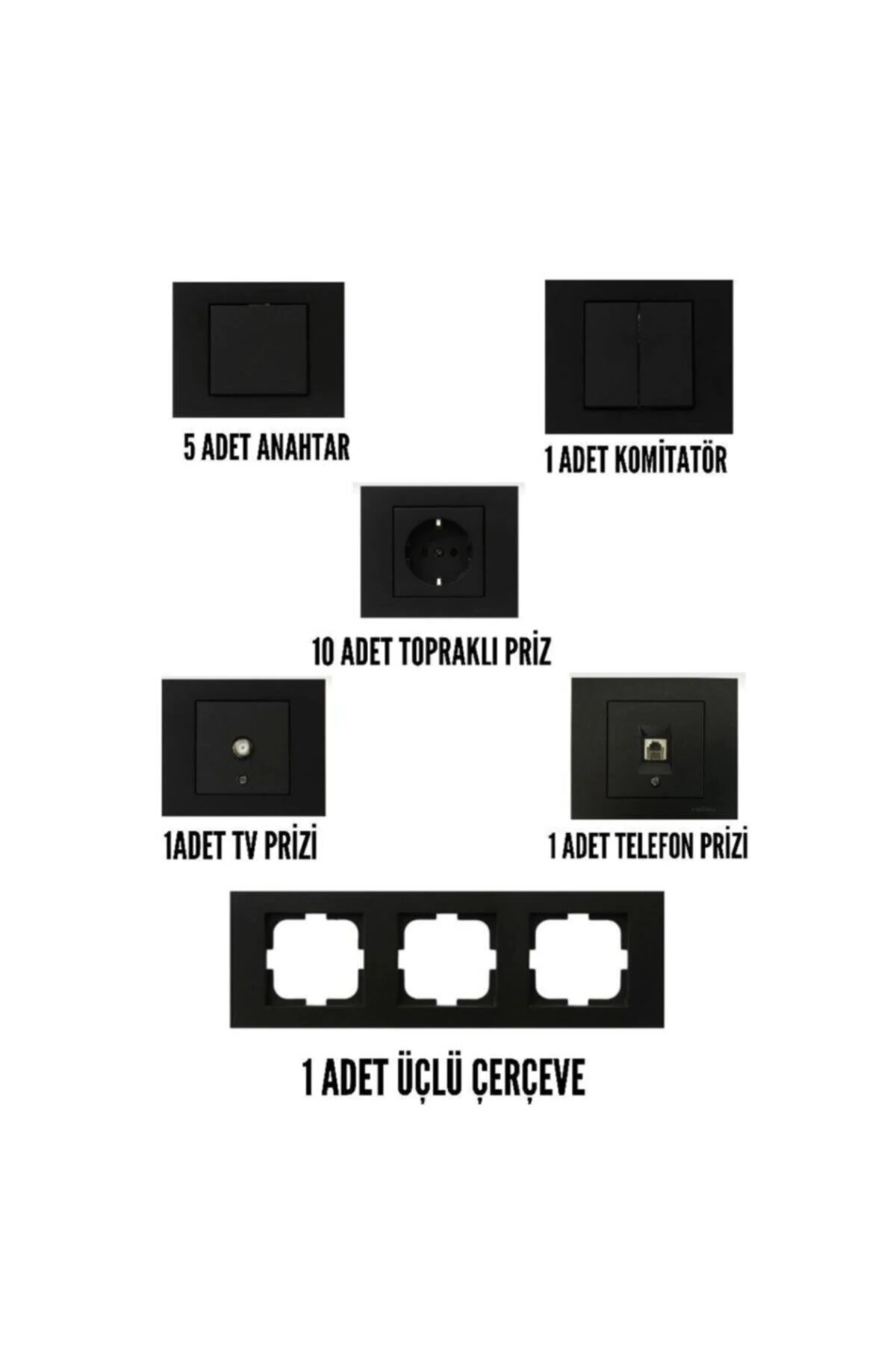 Grano Siyah Set (10 Anahtar+3 Komütatör+20 T.priz+tv+telefon+1 Üçlü+3 İkili+15 Tekli Çerçeve)