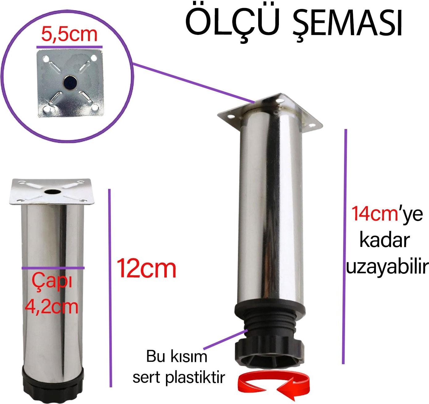 4 Adet Metal Ayarlanabilir 12 cm Krom Destek Ayağı Mobilya Kanepe Baza Koltuk Dolap Sehpa Tv Ünitesi Ayağı