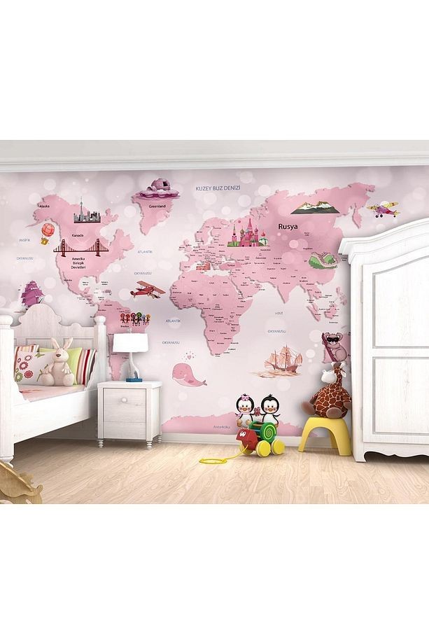 Pembe Dünya Haritası Çocuk Odası Kendinden Yapışkanlı Duvar Folyosu