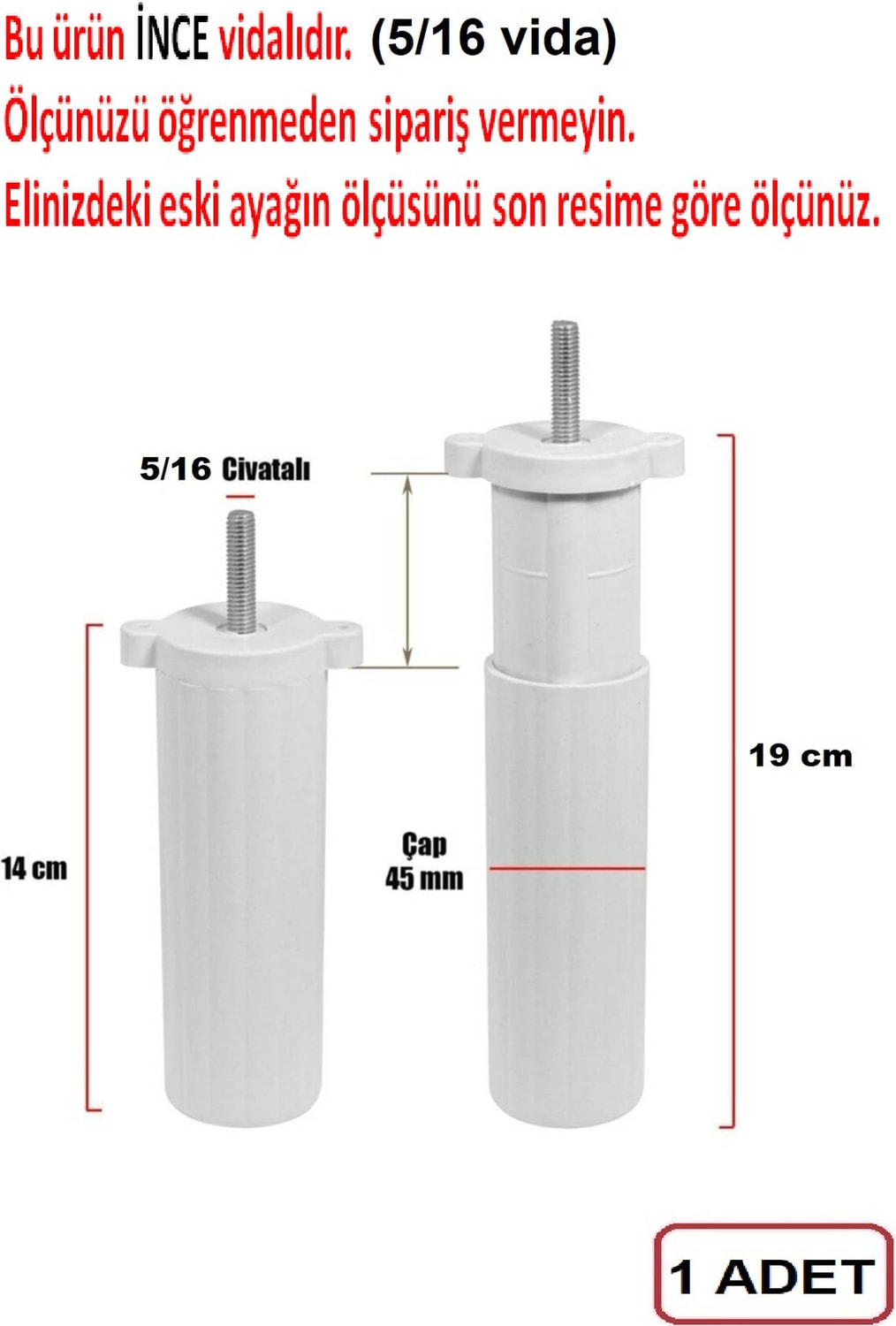 Orta Plastik Mobilya Koltuk Kanepe Ayağı Tek Adet Beyaz 14 - 19 cm 5/16 Vida (Vida Ölçüsüne Dikkat)