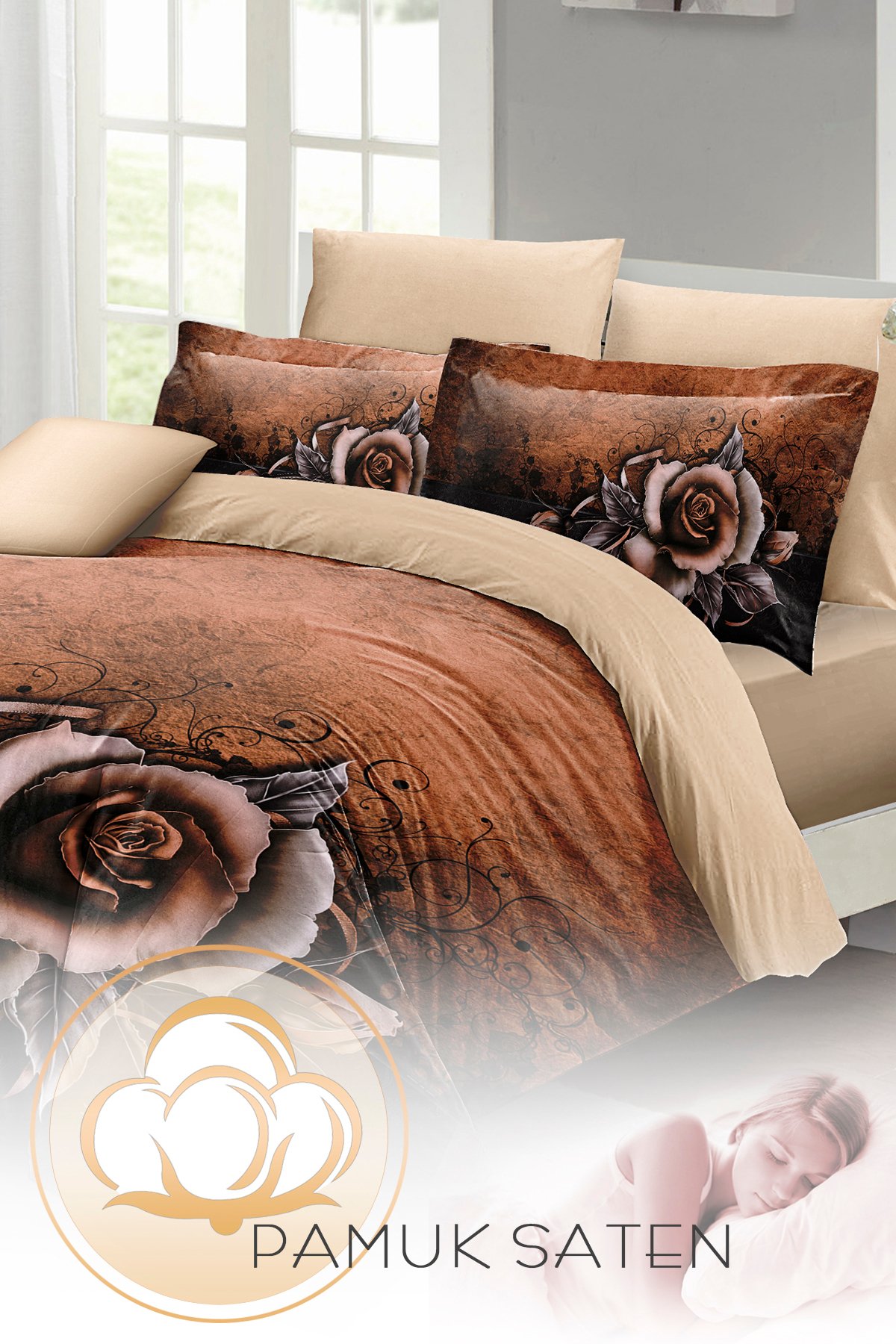 Kıng Sıze Nevresim Takımı %100 Doğal Pamuk Çift Kişilik 3d Digital Copper Rose 220x240cm
