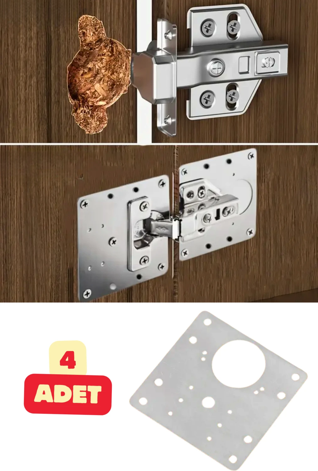 4 Adet Paslanmaz Çelik Menteşe Onarım Plaka Dolap Tamir Yapım Hırdavatı Vida Dahil 9 x 9 cm