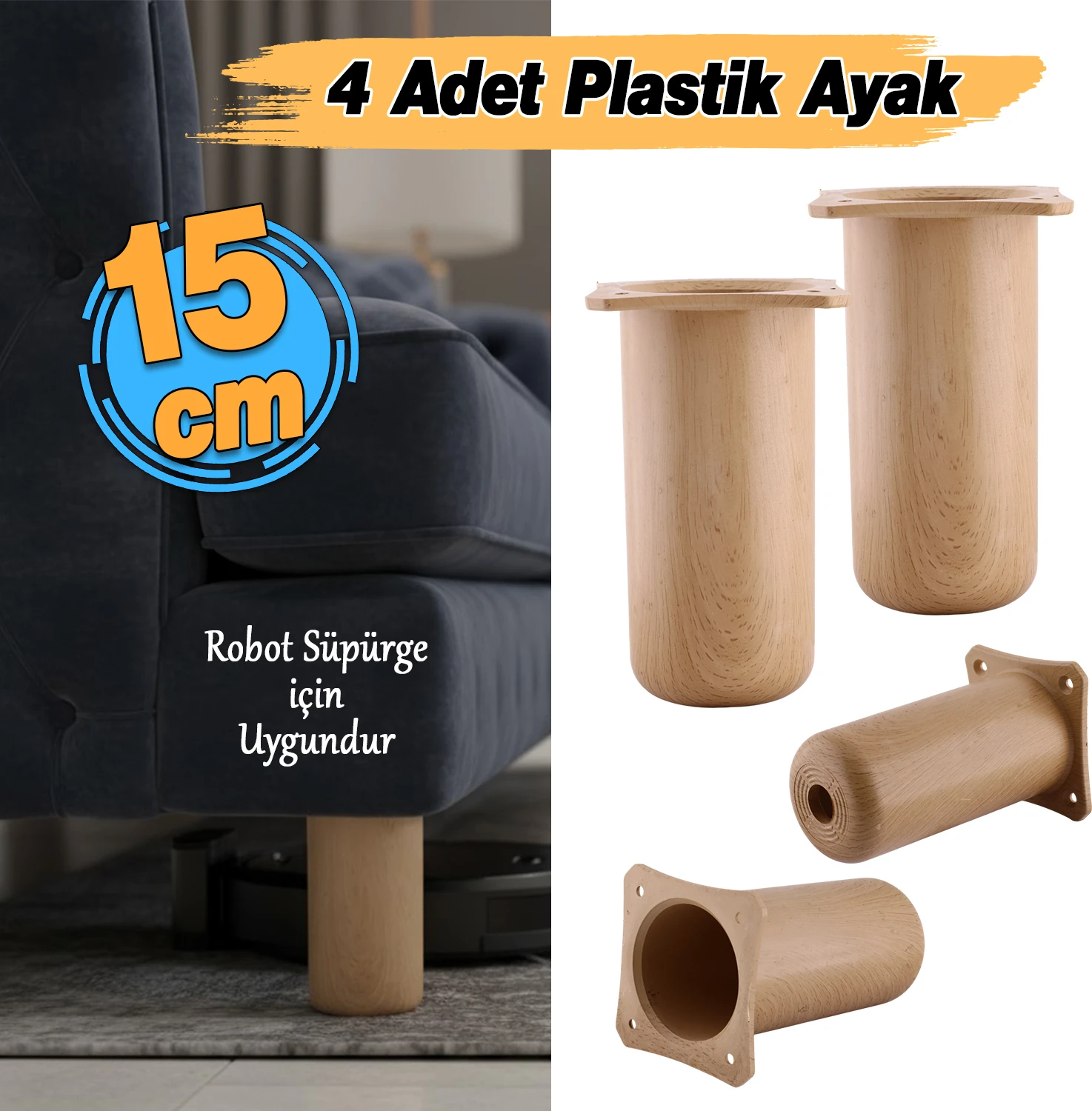 ( 4 Adet ) Plastik Liva Kayın Beji 15 cm Mobilya Kanepe Koltuk Yatak Baza Yükseltme Ayağı Ayakları