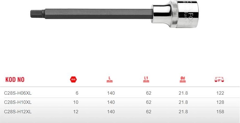 10 mm Ekstra Uzun Tip 1/2” Allen Uçlu Lokma C28S-H10XL