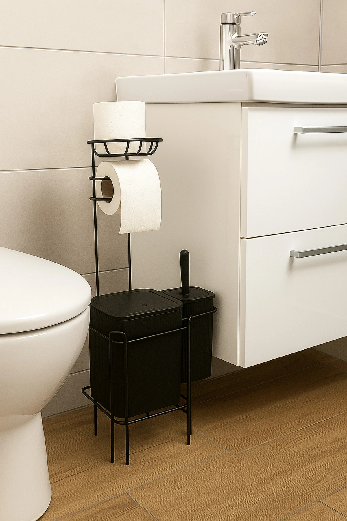 Yedekli Siyah Kare WC Kağıtlığı Tuvalet Fırçalığı Çöp Kovası Seti, Metal Askılı WC Kağıtlık Fırça