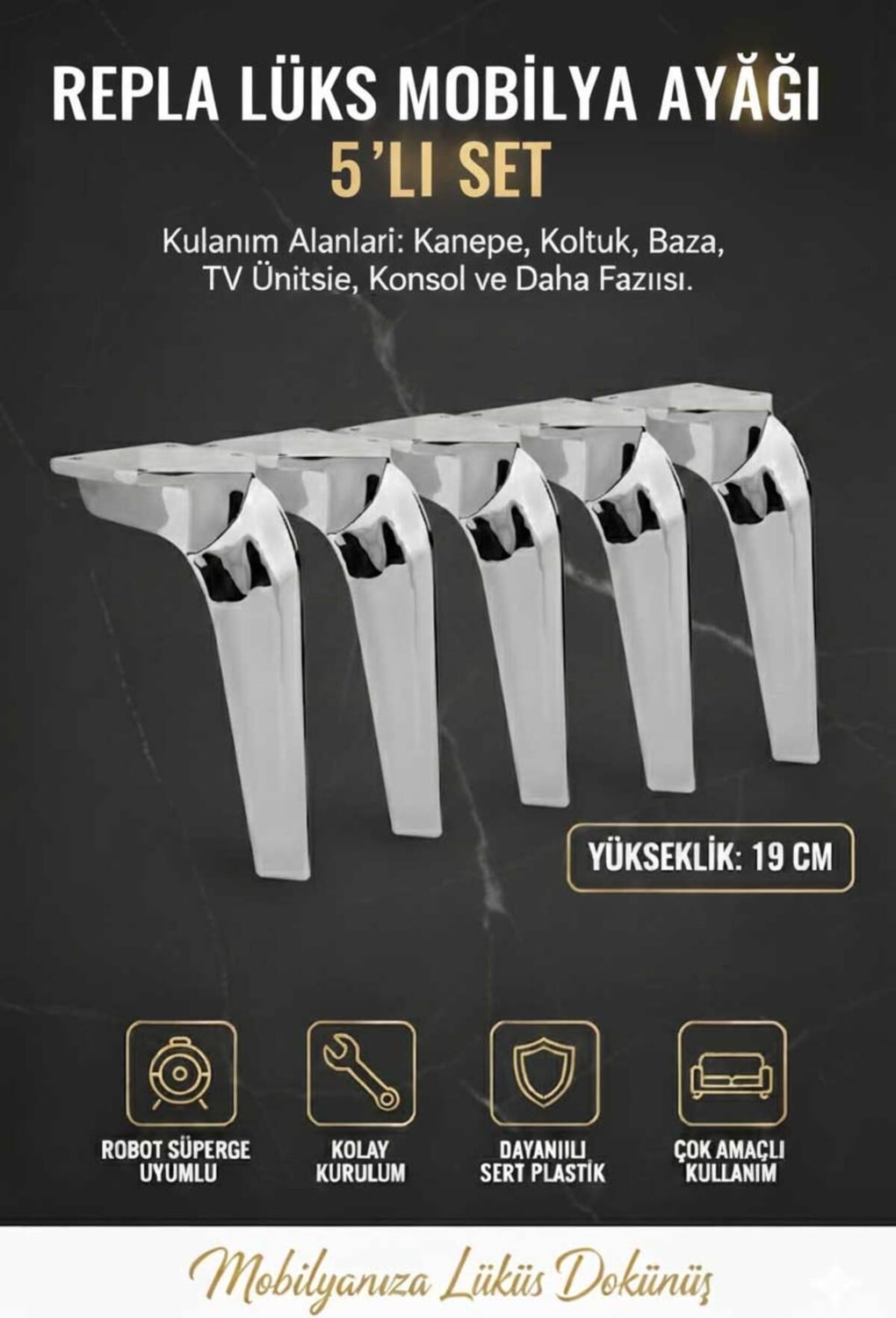 Repla Mobilya Kanepe Tv Ünitesi Koltuk ve Konsol Dolap Ayağı 19 cm Krom
