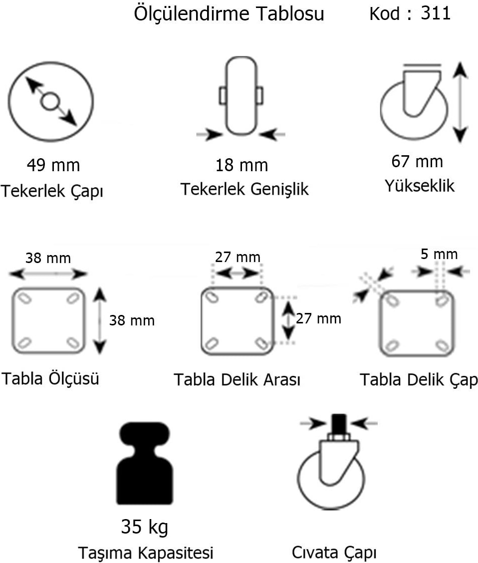 4 Adet Hts Döner Tablalı Mobilya Tekeri Tekerlek Çap : 49 mm Kod : 311
