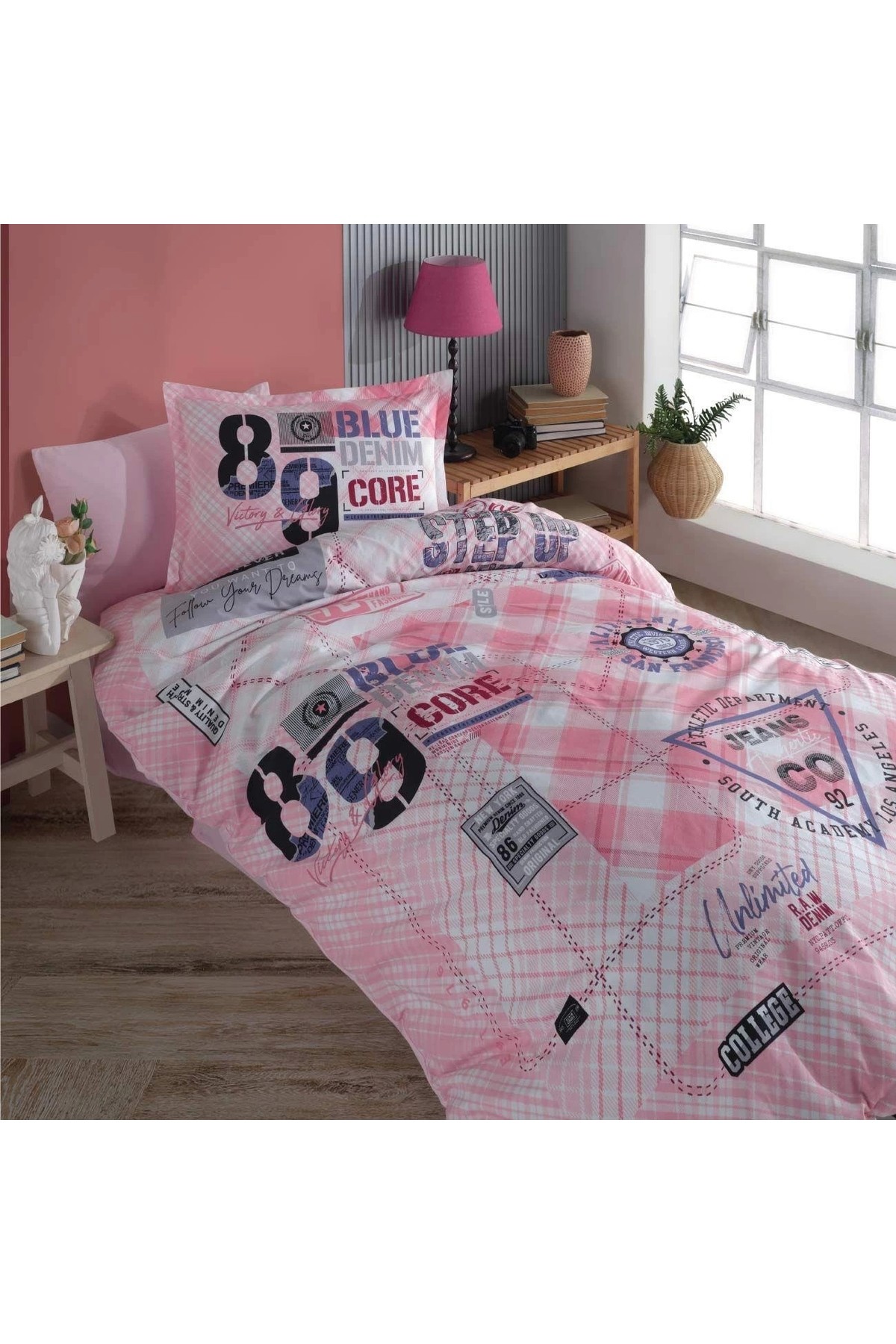 Genç Ranforce Tek Kişilik Nevresim Takımı Denim V1 Pembe