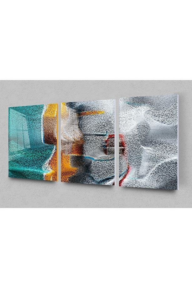 Gri Sarı Ve Yeşil Kum Taneleri 3lü Soyut Cam Tablo, Duvar Dekor, Büyük Tablo, Cam Duvar Tablo