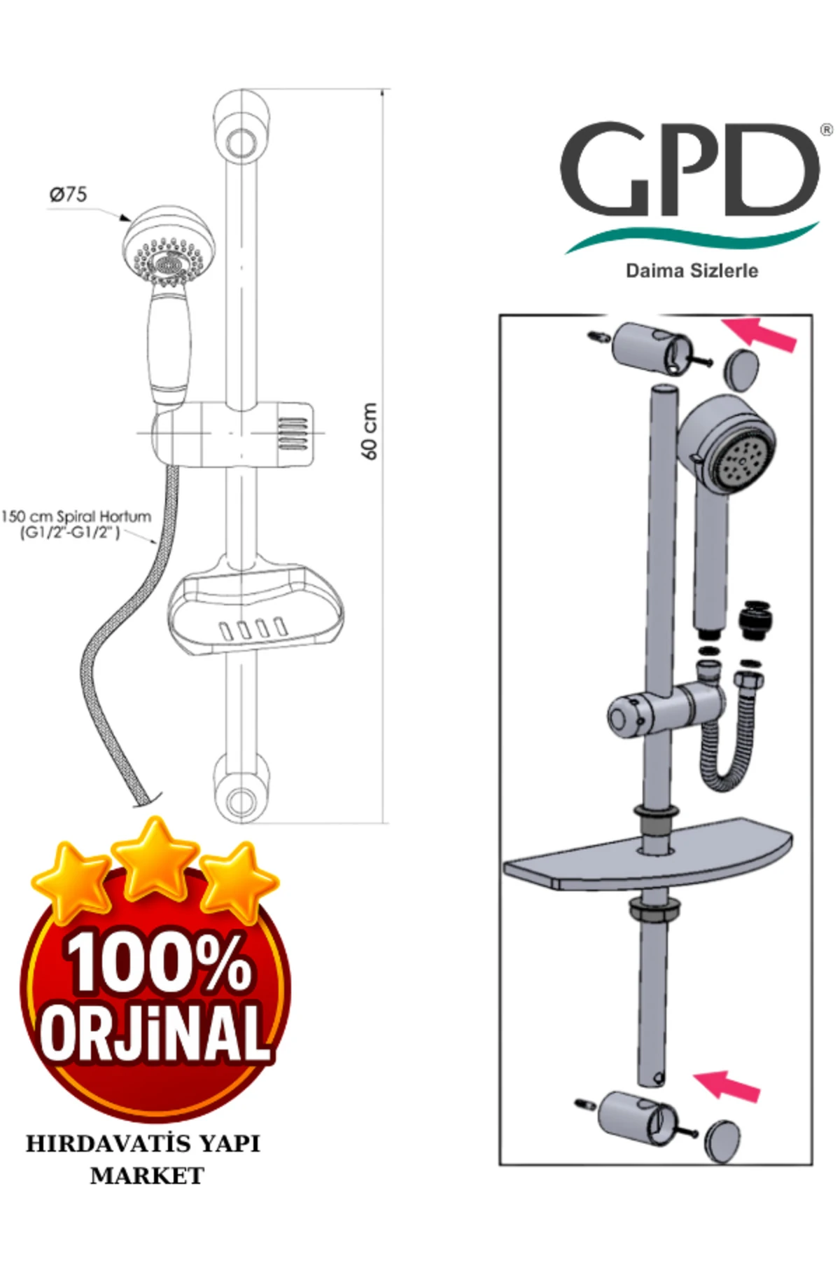 DST16 Sürgülü Duş Seti (3 Fonksiyonlu Ø75)