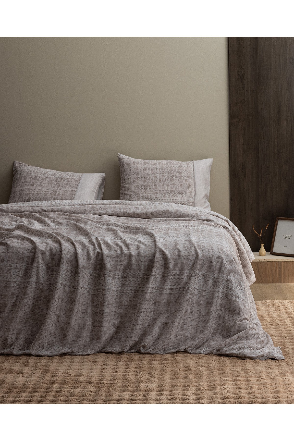 Petrus King Size %100 Pamuk  Crep Baskılı Nevresim Takımı - Bej