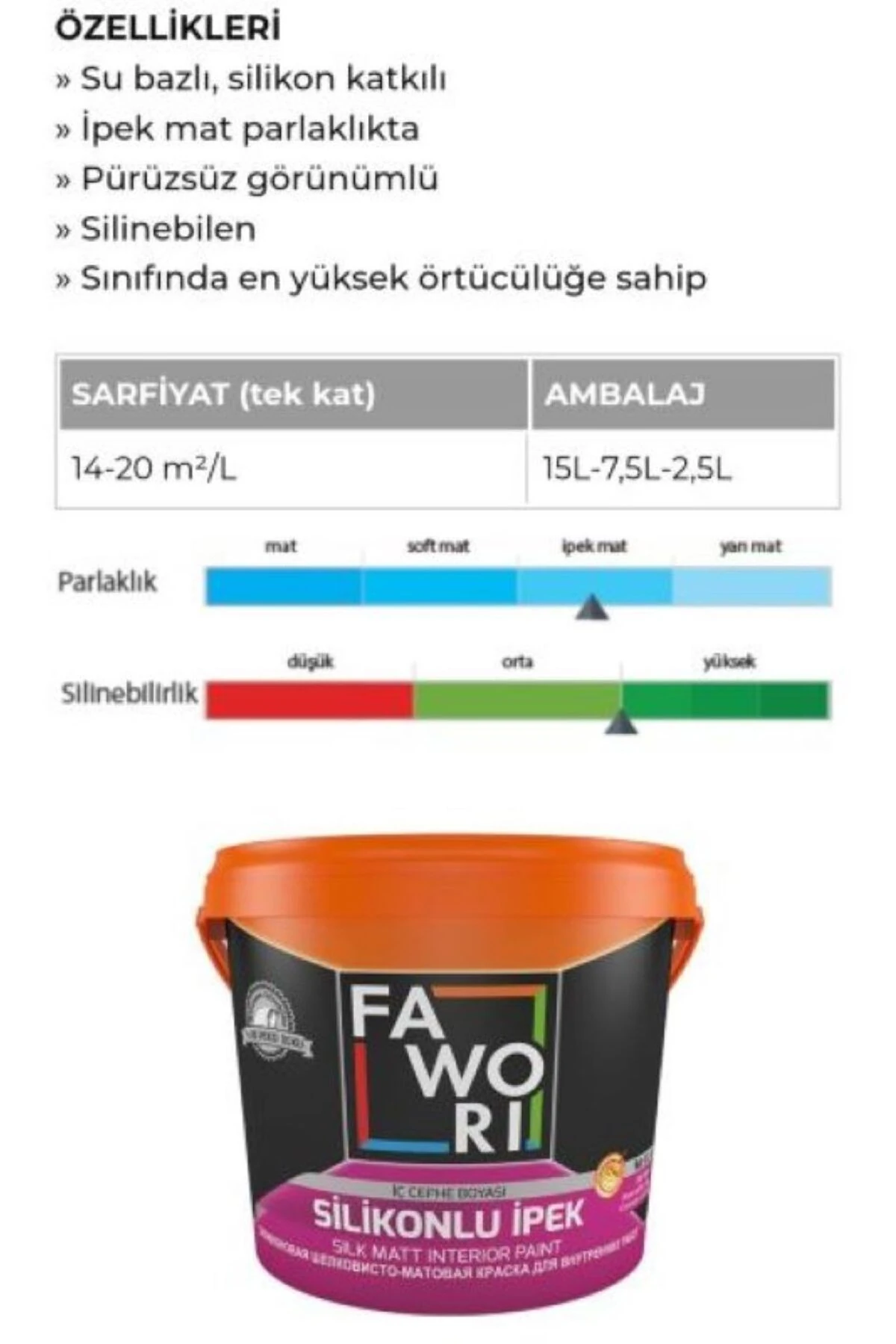 Silikonlu İpek silinebilir iç cephe boyası 7,5lt