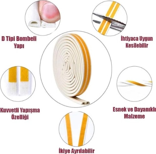 Bondit 2'li Kauçuk Kapı ve Pencere Izolasyon Bandı Fitili Siyah Gri Beyaz Kahverengi