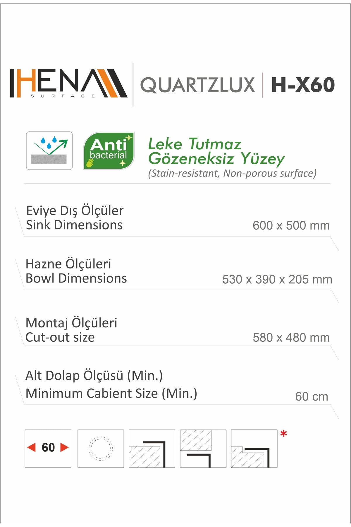 Granit Eviye 1 Gözlü Toprak 60x50 Granit Evye Kuvars