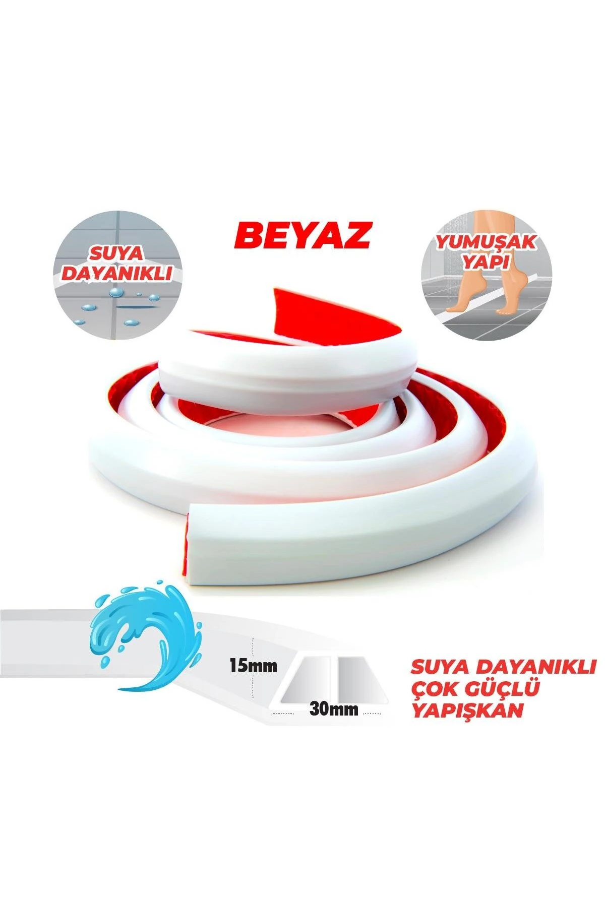 Yapışkanlı Duş Kapı Mutfak Tezgahı Etrafı Su Kesici Bariyer Beyaz 2mt