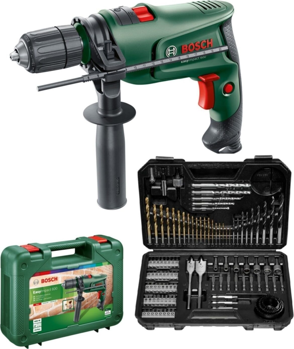 BOSCH Easyimpact 600 13MM 600 Watt Darbeli Matkap + 103 Parça Matkap Ucu Vidalama Ucu Lokma Ucu Seti