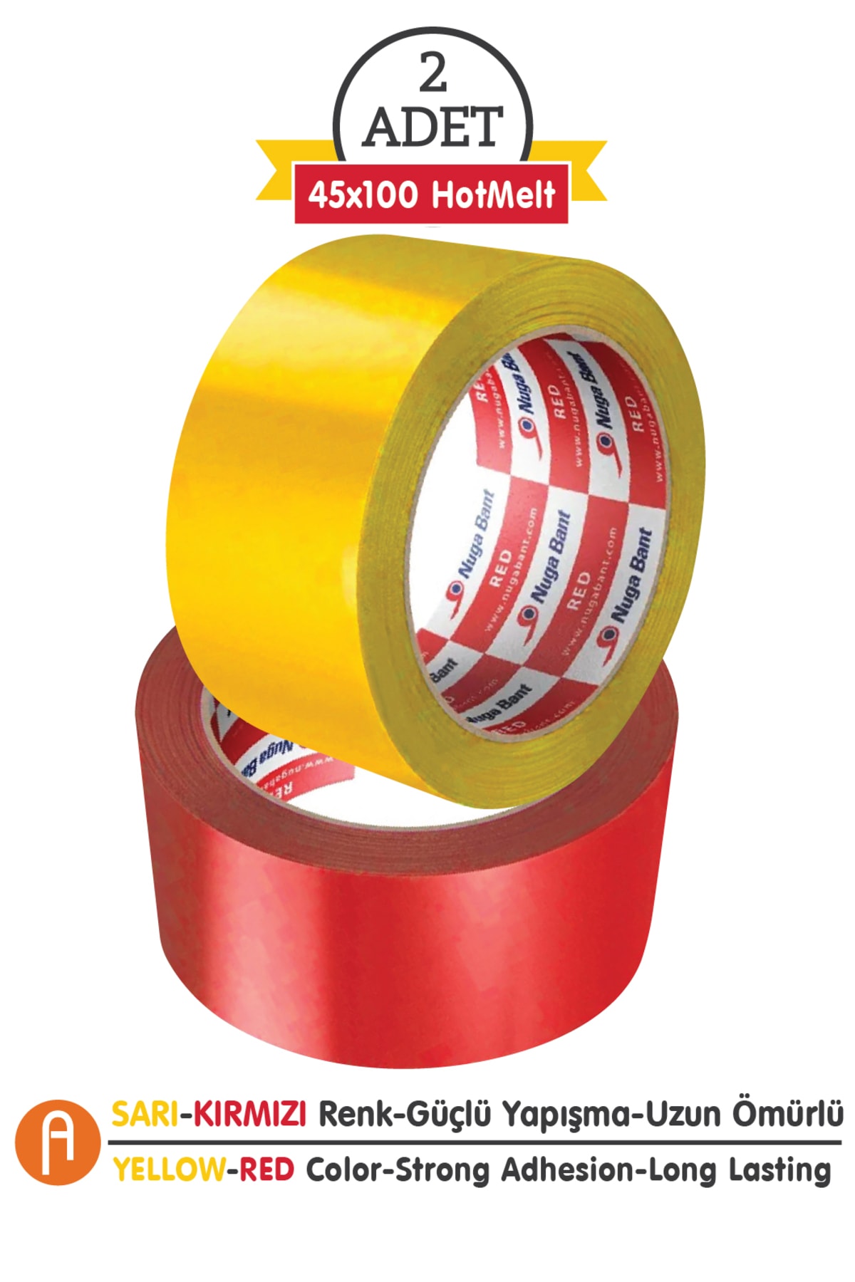 2'Li Koli Bandı Seti - Sarı ve Kırmızı - 45mm.x100m. - Güçlü Yapışma HotMelt Kalite
