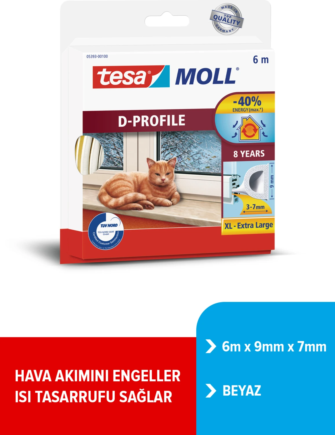 moll® D profil, Kapı Pencere Isı İzolasyon Bandı, Beyaz, 6m x 9mm x 7mm
