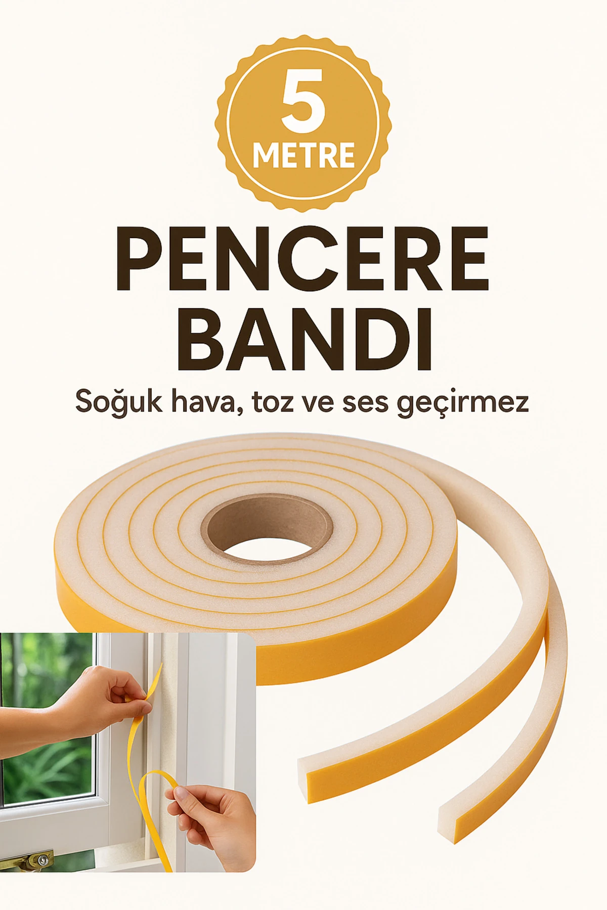 Pencere Bandı (5 Metre) Yapışkanlı Isı Yalıtım Süngeri Soğuk ve Toz Geçirmez Enerji Tasarruflu