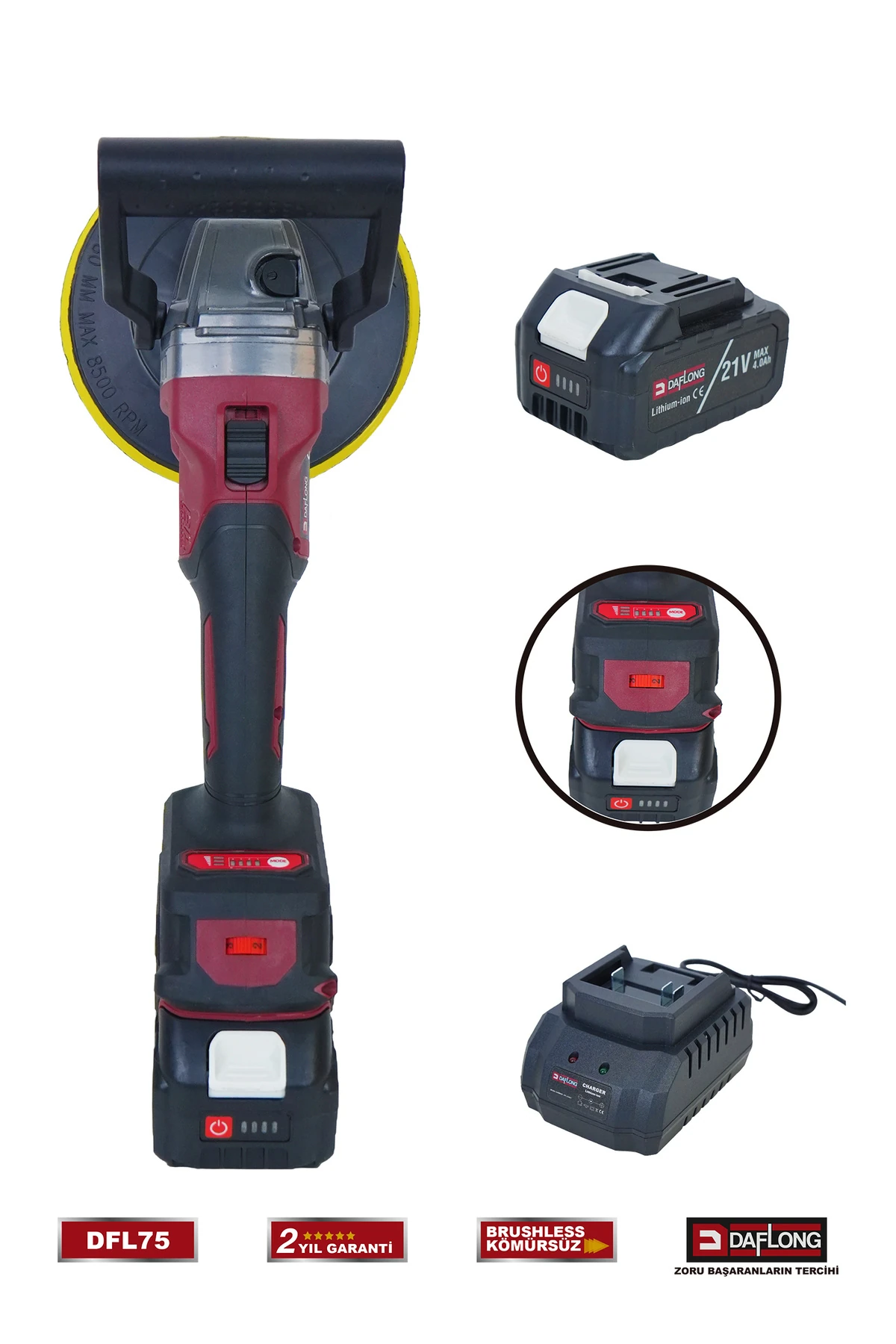 PRO 180MM ŞARJLI KOMÜRSÜZ 6 KADEME DEVİR AYARLI PASTA CİLA POLİSAJ MAKİNASI+SPİRAL DFL-75