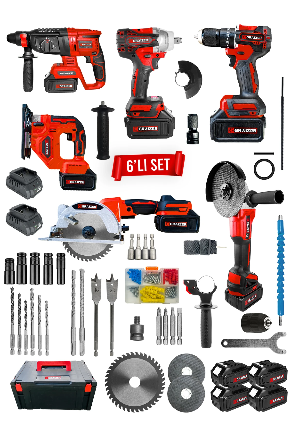 Powerforge Profesyonel Kömürsüz Bakır Sargılı Çelik Şanzıman 6'lı Set Sunta Kesme+Dekupaj-Kırmızı