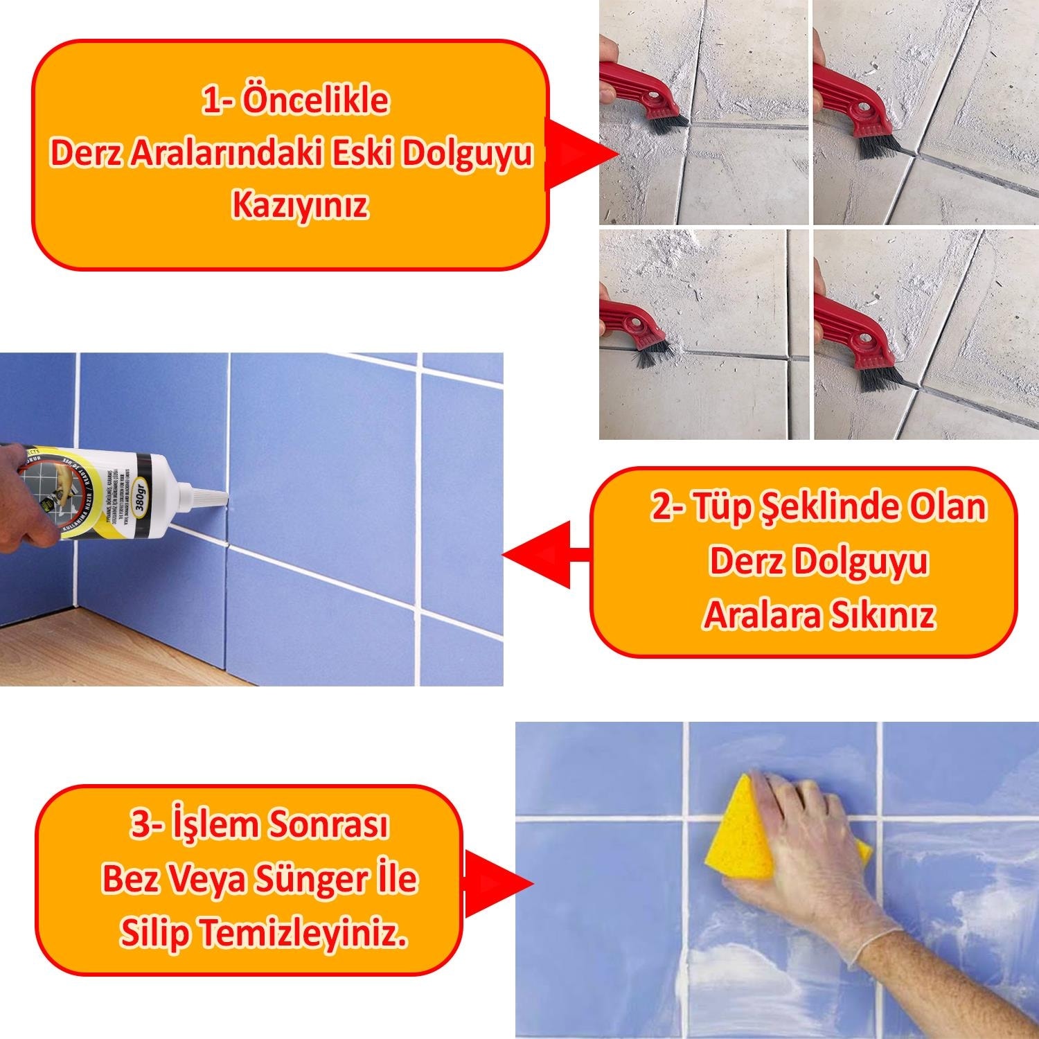 Derz Dolgu Fayans Seramik Mermer Yer Duvar Için Tamir Wc Banyo Tadilat Beyaz 380 gr 2 Adet