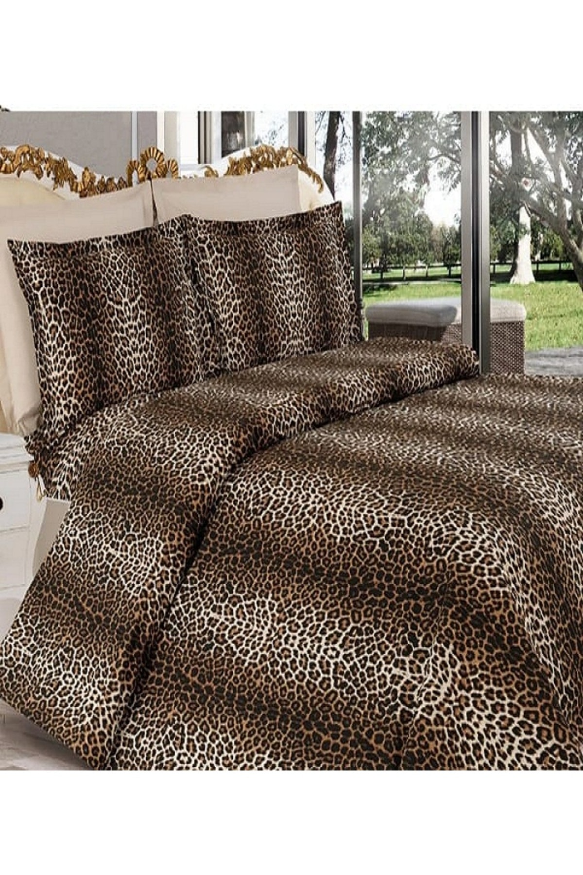 Çarşafı Lastikli Leopar desenli Battal Boy Nevresim Takımı
