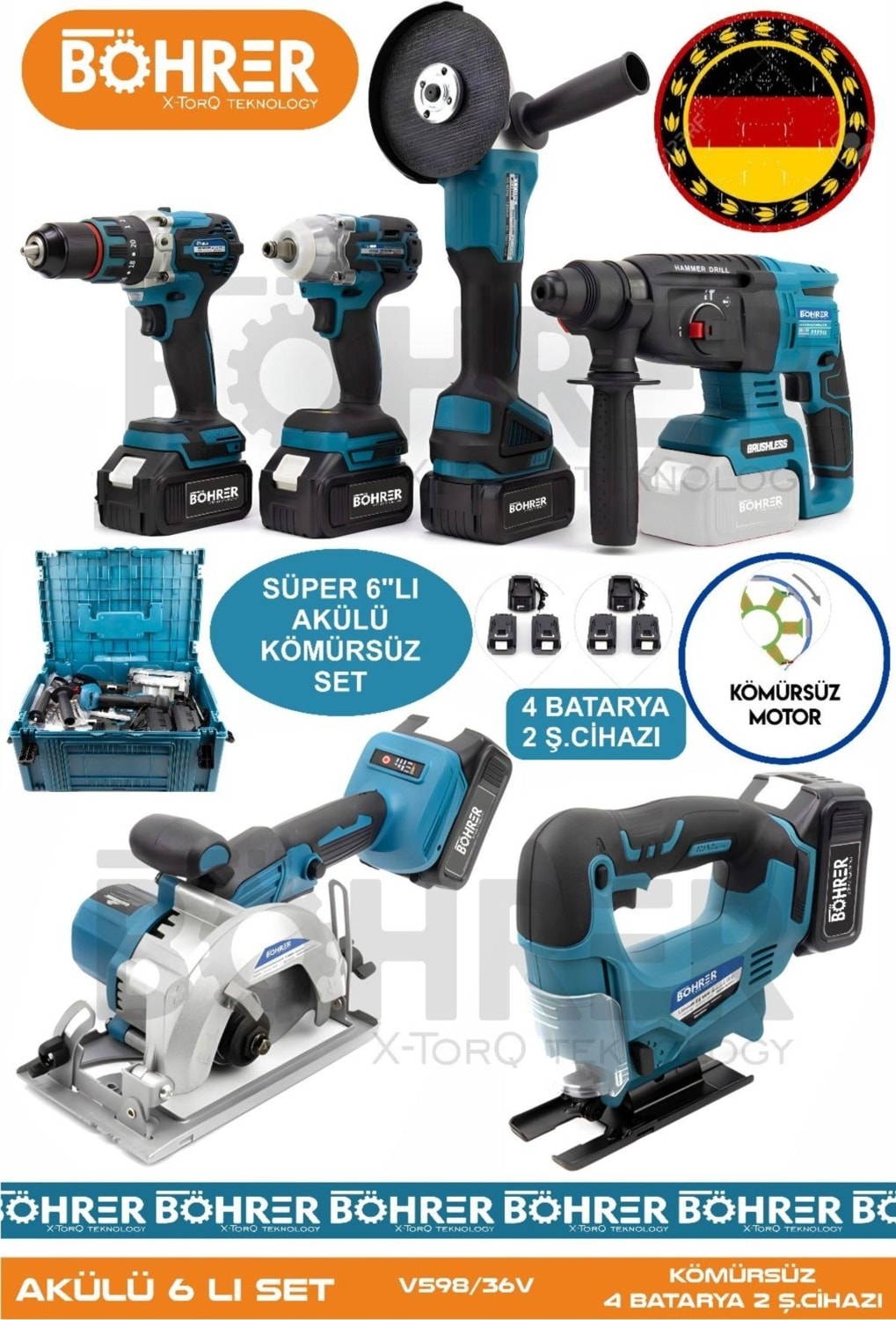Alman 4 Akülü 2 Şarjlı Kömürsüz V598 5AH Profesyonel 6 Makine Kombo Set ,mavi Tek Çanta