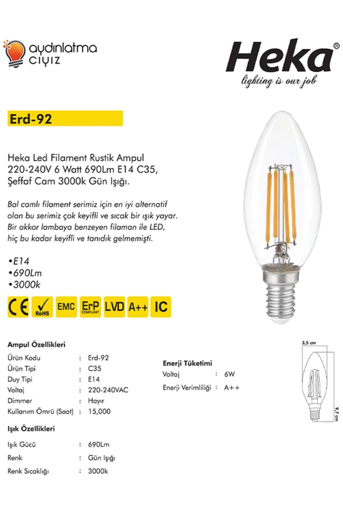 Led Ampul 6 W Gün Işığı 660 Lm Erd-92