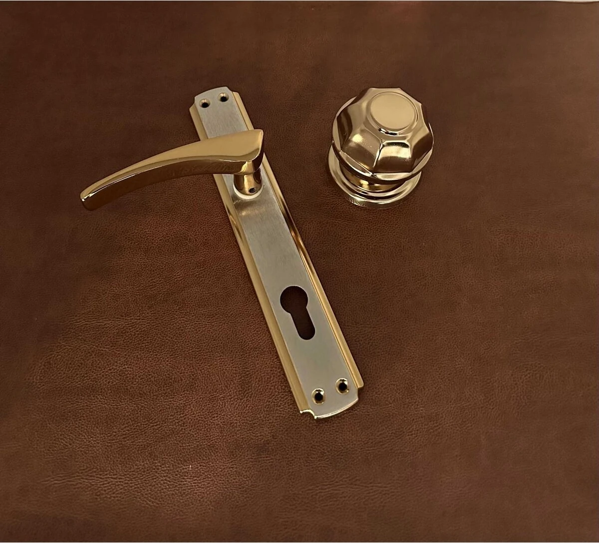 Derya Saten Gold Aynalı Yale Çelik Kapı Kolu Sol Basar Tek Taraf + Tokmak Kapı Babası