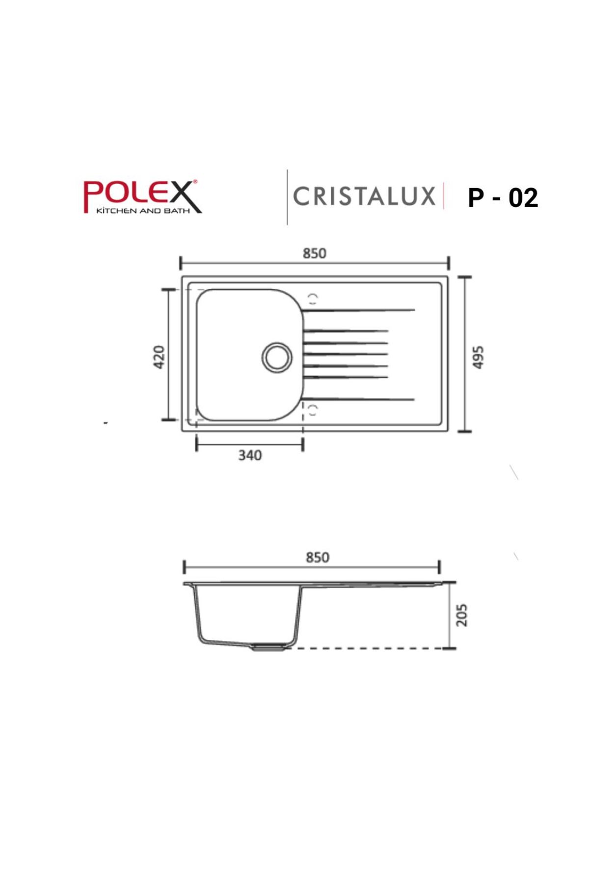 Cristalüx Granit Evye P02 Beyaz Tezgah Altı Ve Tezgah Üstü Mutfak Evyesi 85x49,5cm