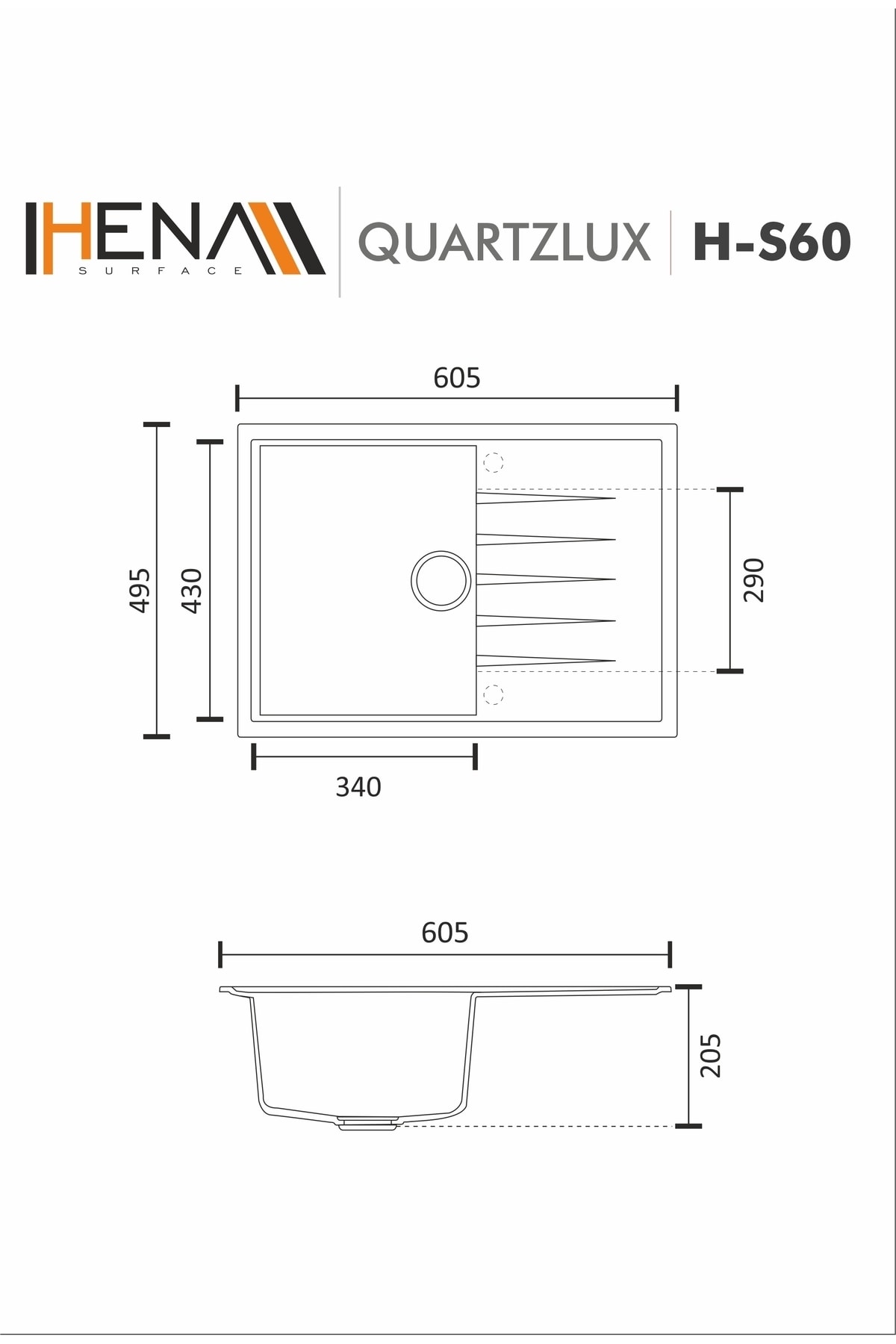 Granit Eviye 1 Gözlü Damlalıklı Bej 60x50 Granit Evye Kuvars