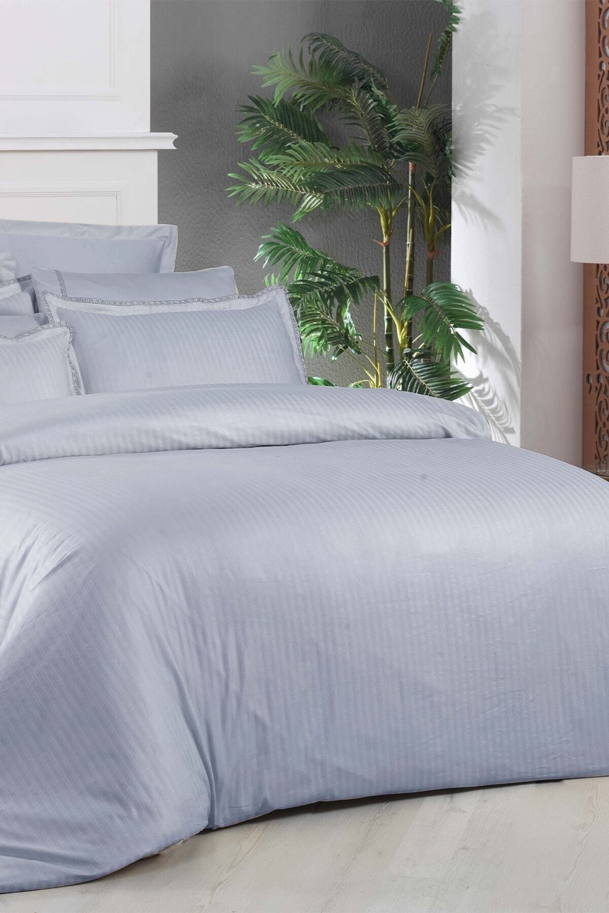 Jacquard Stripe Mavi Çift Kişilik 260 Tc %100 Pamuk Saten Nevresim Takımı