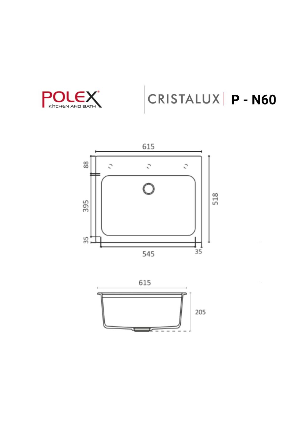 Cristalüx Granit Evye P-N60 Beyaz Tezgah Altı Ve Tezgah Üstü Kare Mutfak Evyesi 61,5x51,8cm