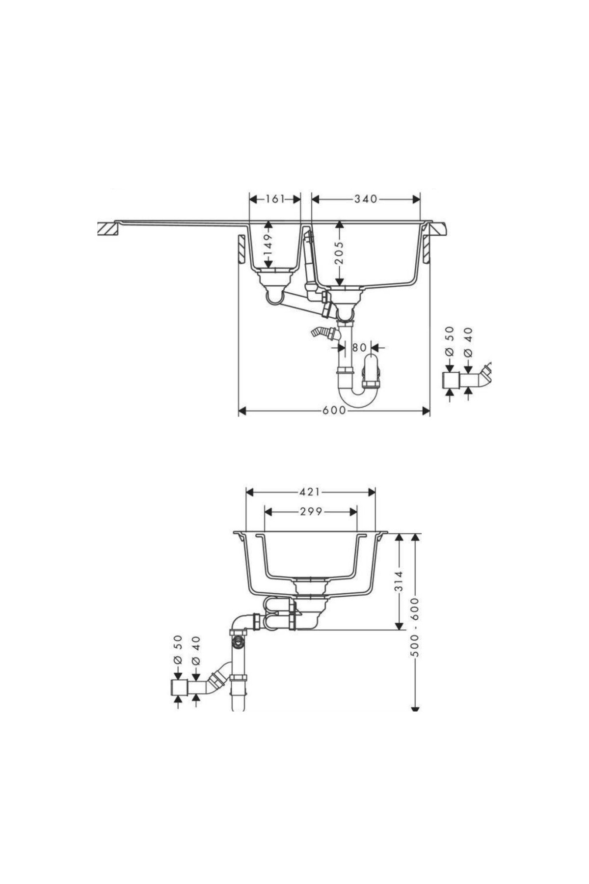 S520-F525 Ankastre Granit Eviye 980/480 otomatik gider seti ile Beton Grisi