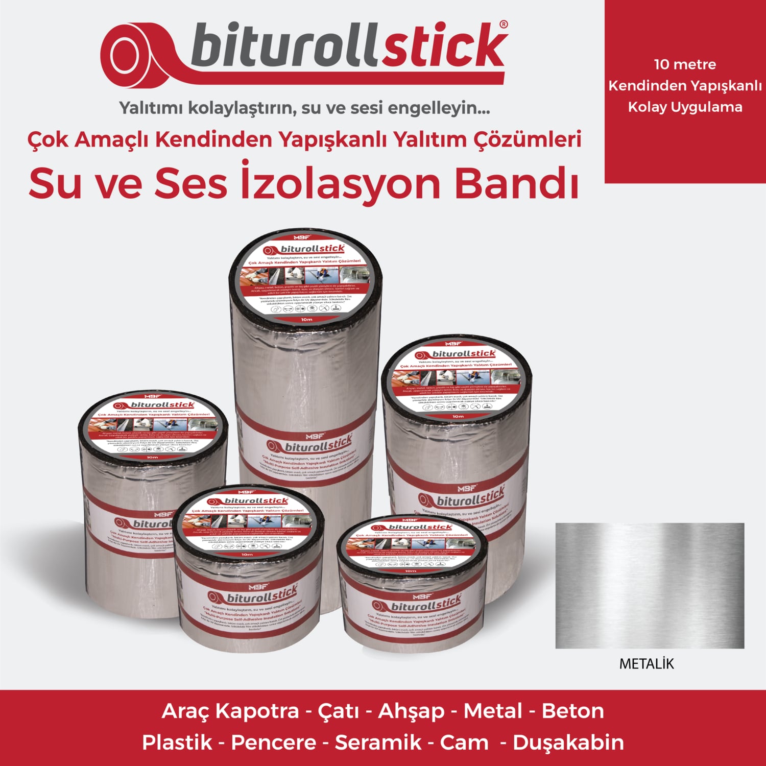 OZKUVVET 1.5 mm 7.5 cm Metalik 10 Mt. - Yapışkanlı Sızdırmaz Su Yalıtımı ve Ses Yalıtım Bandı