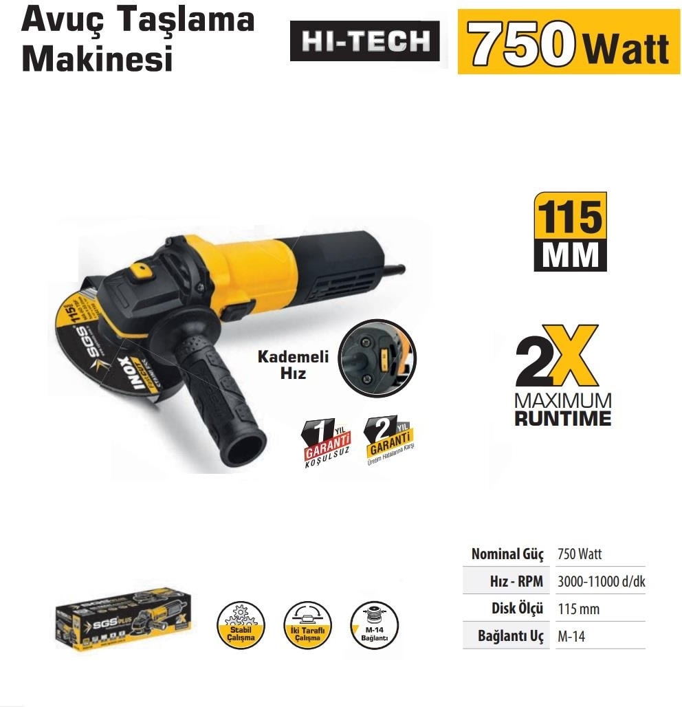 SGS 5111 Avuç Taşlama 750 Watt 115 mm Devir Ayarlı