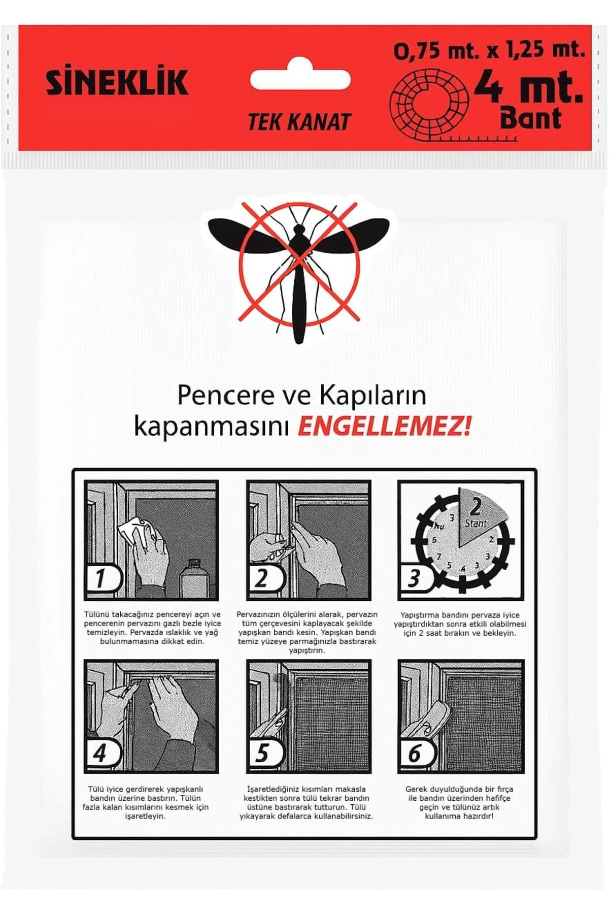 Tek Kanat Pratik Sineklik, 0.75 m x 1.25 m Tül, Kapı & Pencere Uyumlu, 4 m Yapıştırma Bantl