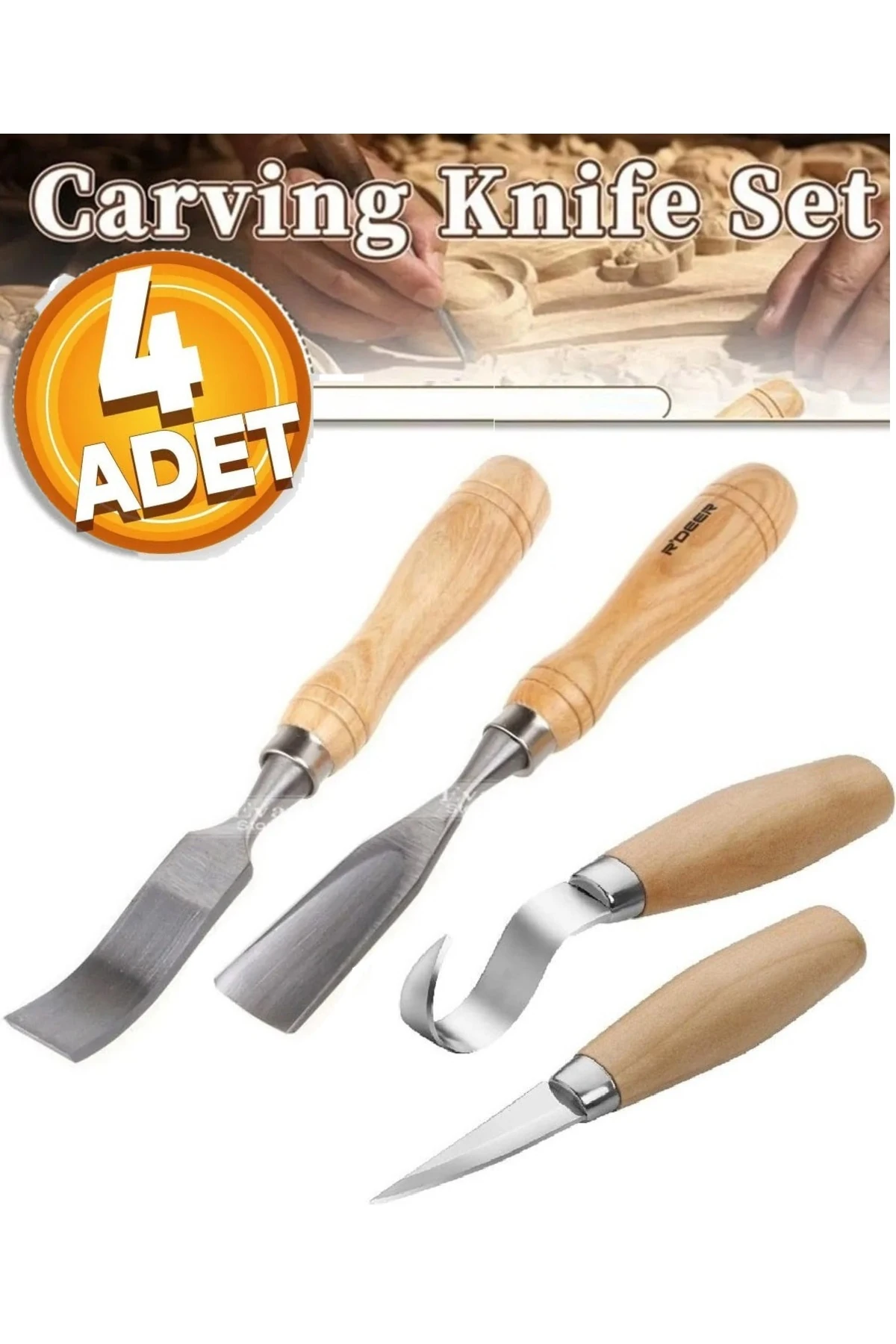 Ahşap oyma ıskarpela alet seti Kaşık Heykel Kuksa oval düz Oyma yontma kıvrık Bıçak 4 lü
