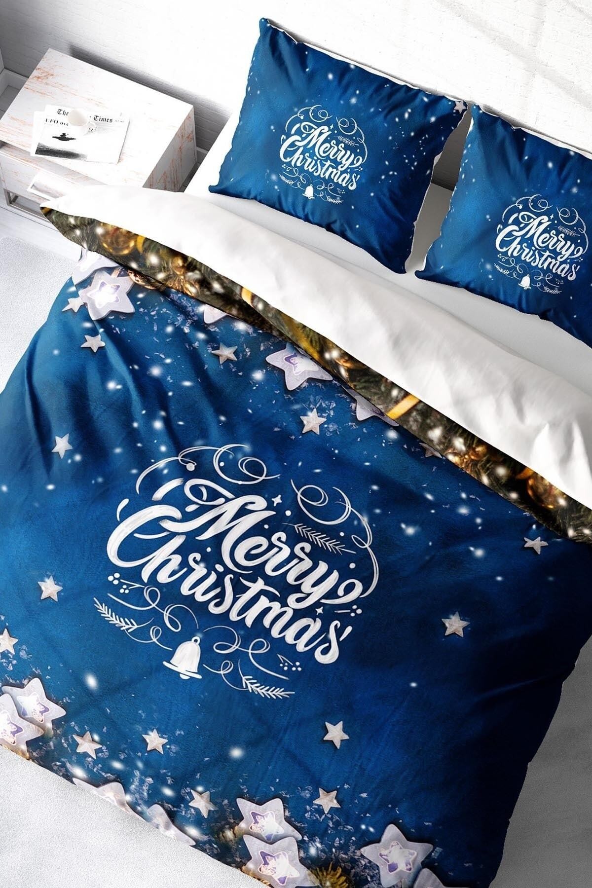 KING SIZE Yılbaşı Süsü Merry Christmas Çift Kişilik 3D Nevresim Takımı Pamuk Saten Blue Stars
