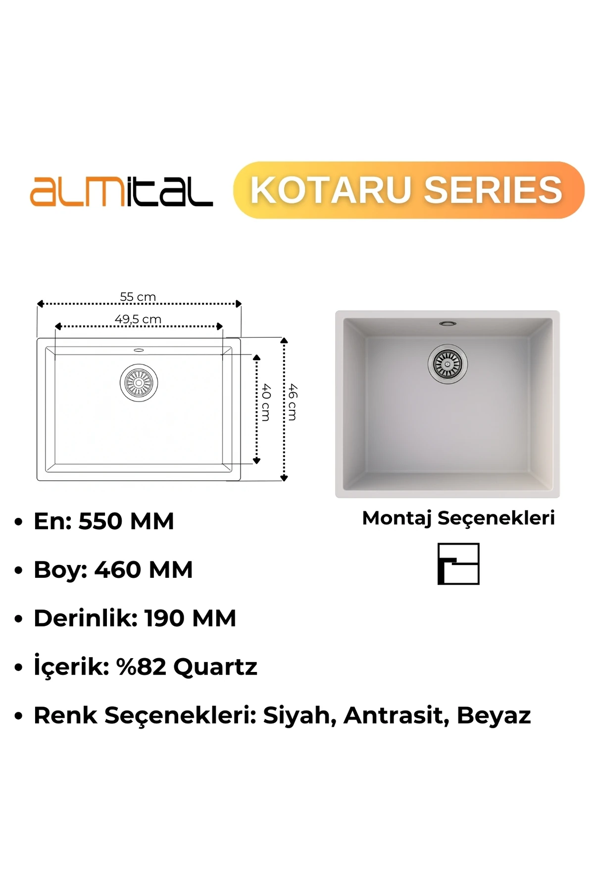 Granit Evye KOTARU Series White 55x46 (BEYAZ)