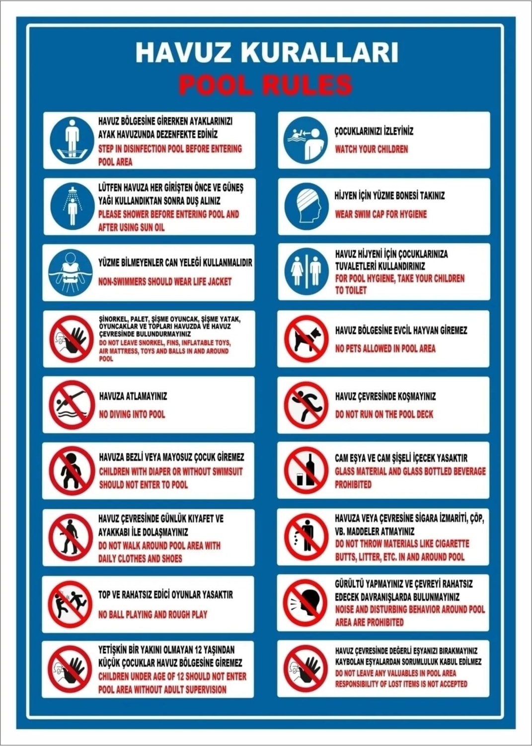 Uyarı Yönlendirme Levhaları " Havuz Kuralları Pool Rules " 78X100 cm 4,50 mm Dekota Levha