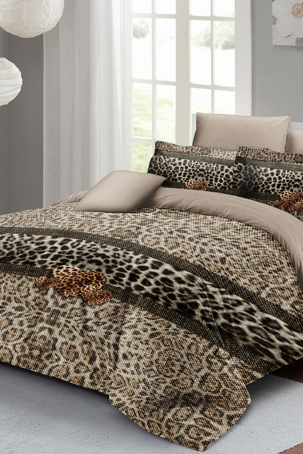 Kıng Sıze %100 Pamuk Saten Çift Kişilik Nevresim Takımı Leopard Fabric 220x240cm